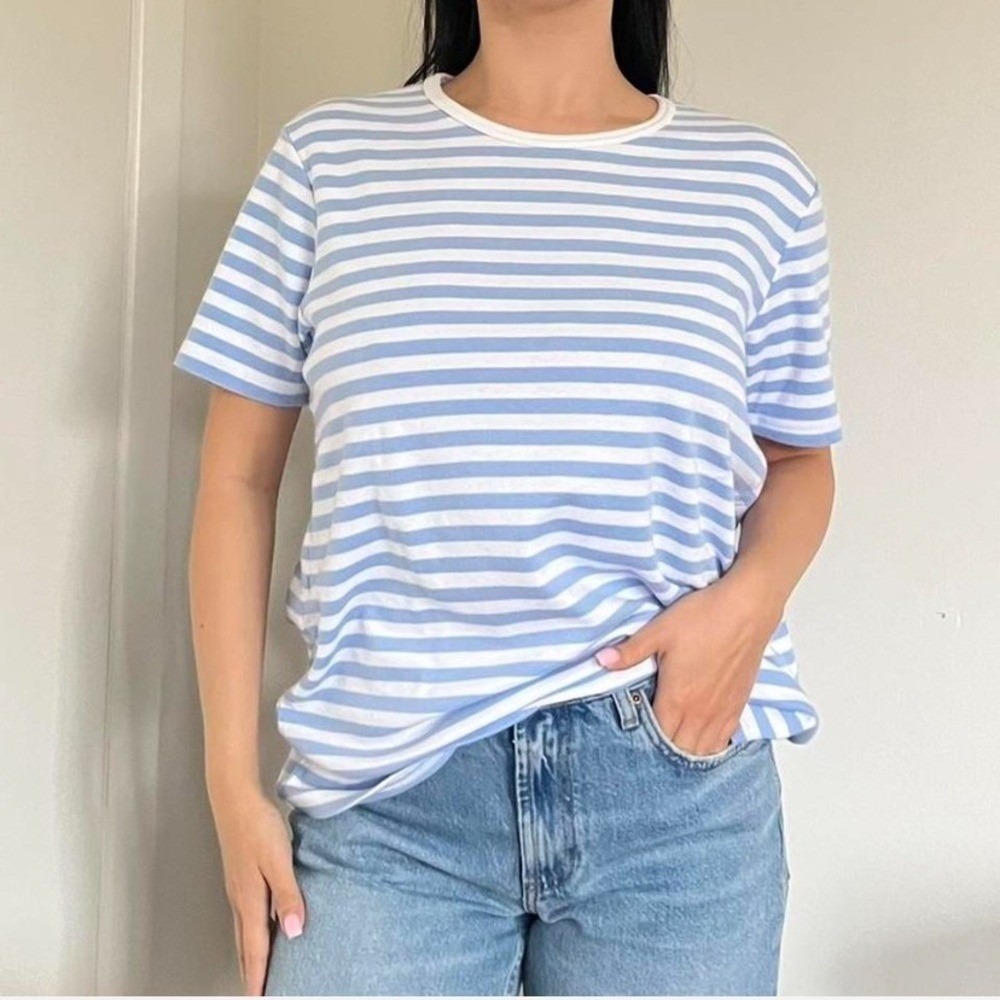 Savvy Light Blue and White Cotton Striped‎ Tee